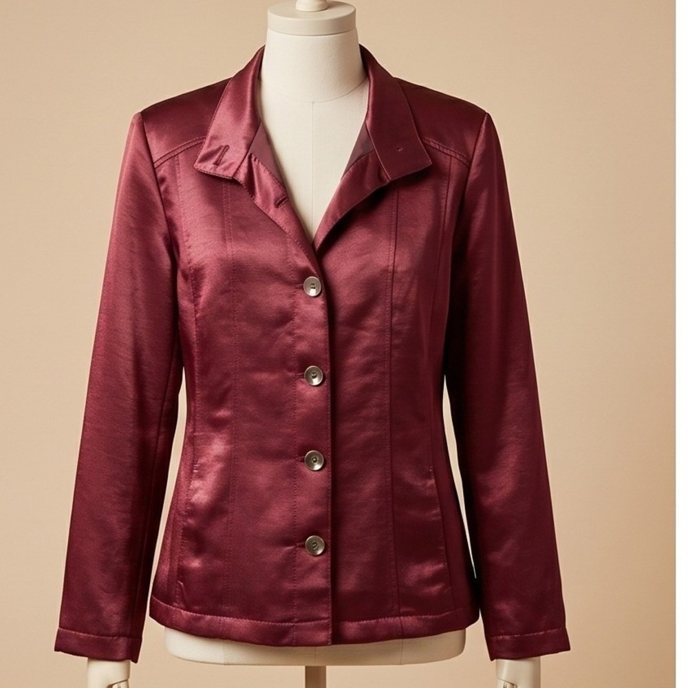 Chico's 3 Red Maroon Satin Button Up Blazer Jacket Shimmer Evening Career XL